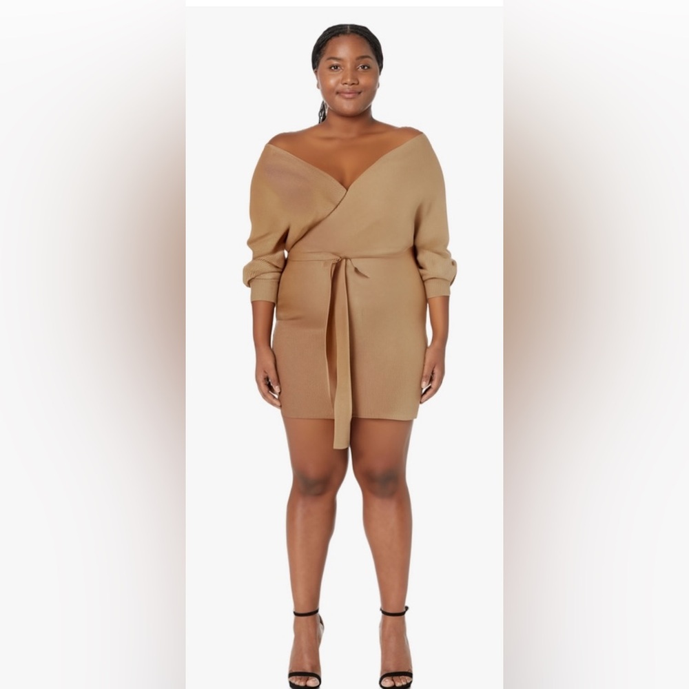 Sexy Batwing Tan Sweater Dress with Belt